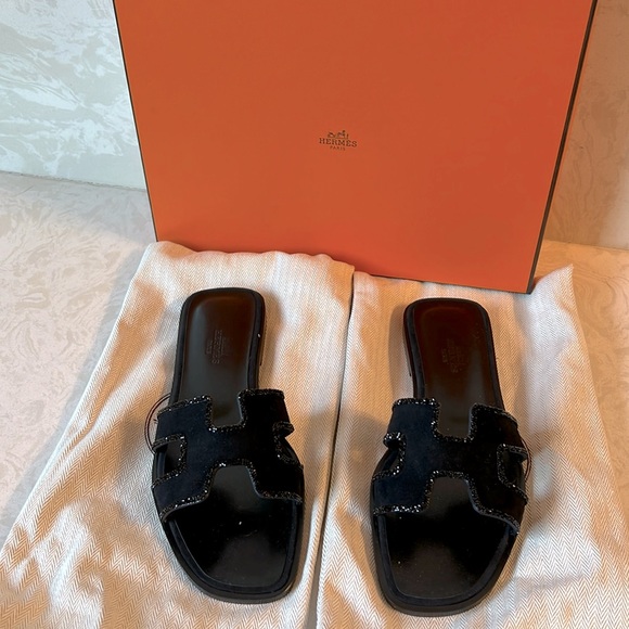 Hermes Shoes - NEW Hermes black suede crystal Orans